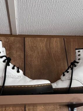 Dr. Martens White Leather Combat Boots with Black Laces